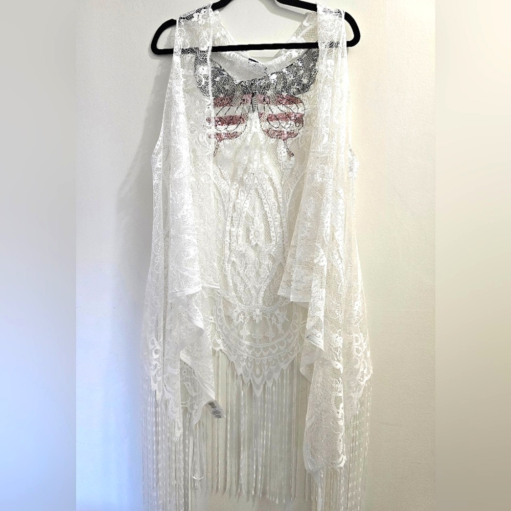 White Lace Liberty Butterfly Fringe Open Cover-up/Shawl